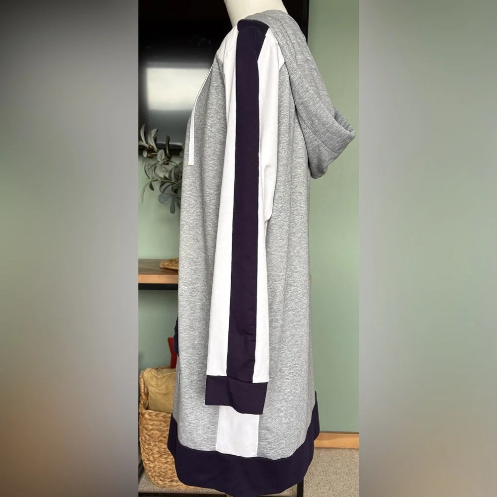 DKNY Color-Block Hooded Relaxed Shirt/Dress in Heather Gray, Blue & White  w Pkt - Picture 6 of 10